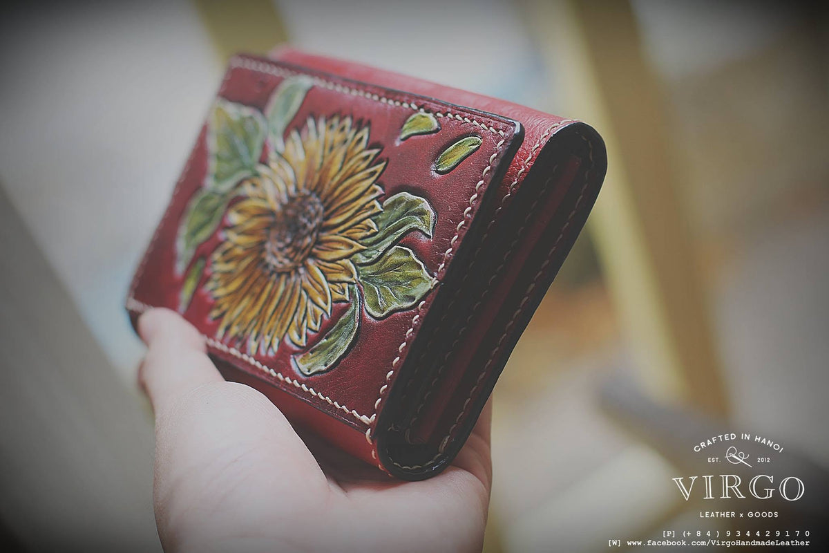Sunflower Hand Carved Short Coin Wallet