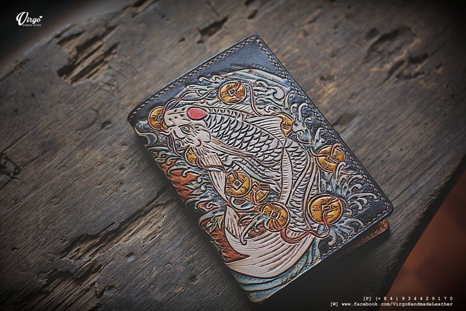 Koi Fish and Coin Men Carving Wallet