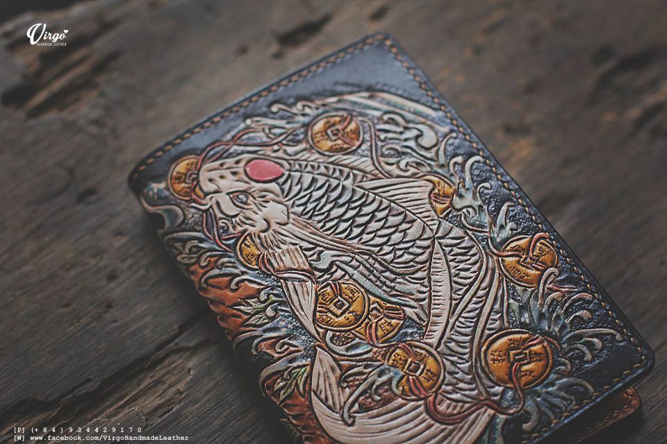 Koi Fish and Coin Men Carving Wallet