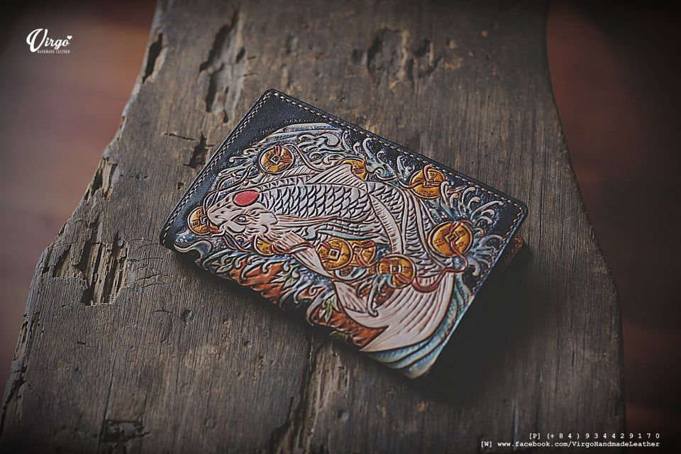 Koi Fish and Coin Men Carving Wallet