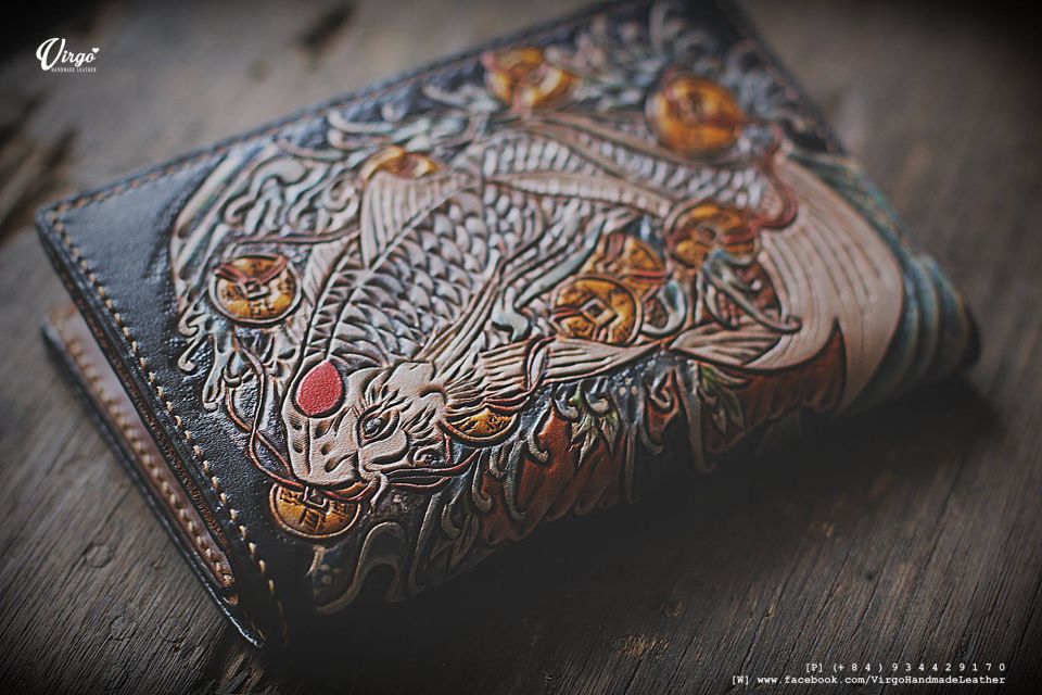 Koi Fish and Coin Men Carving Wallet