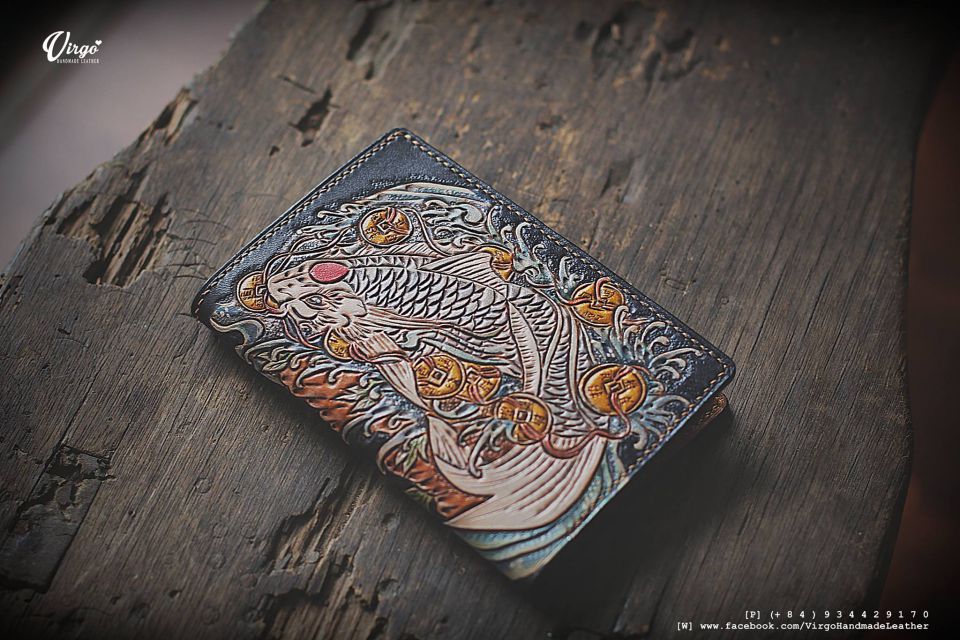 Koi Fish and Coin Men Carving Wallet