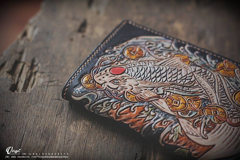 Koi Fish and Coin Men Carving Wallet