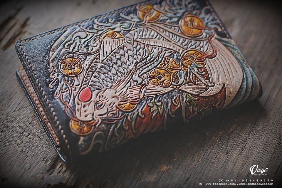 Koi Fish and Coin Men Carving Wallet
