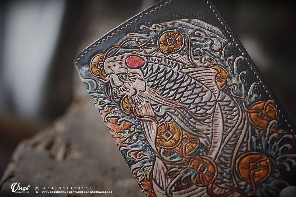 Koi Fish and Coin Men Carving Wallet
