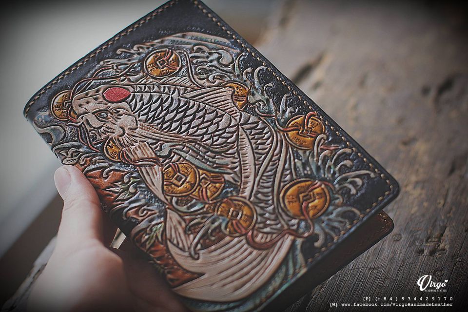 Koi Fish and Coin Men Carving Wallet