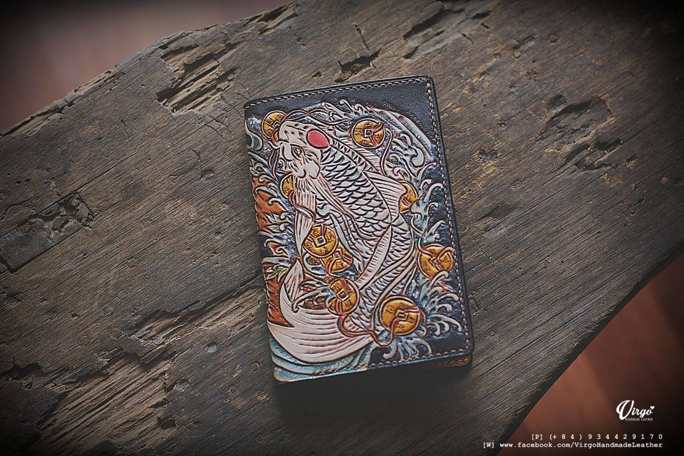 Koi Fish and Coin Men Carving Wallet