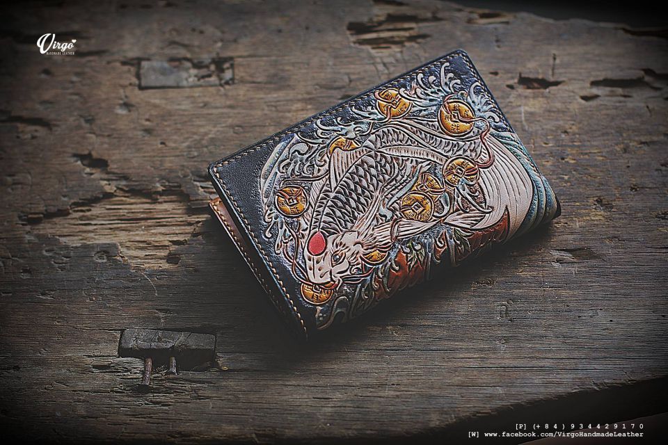 Koi Fish and Coin Men Carving Wallet