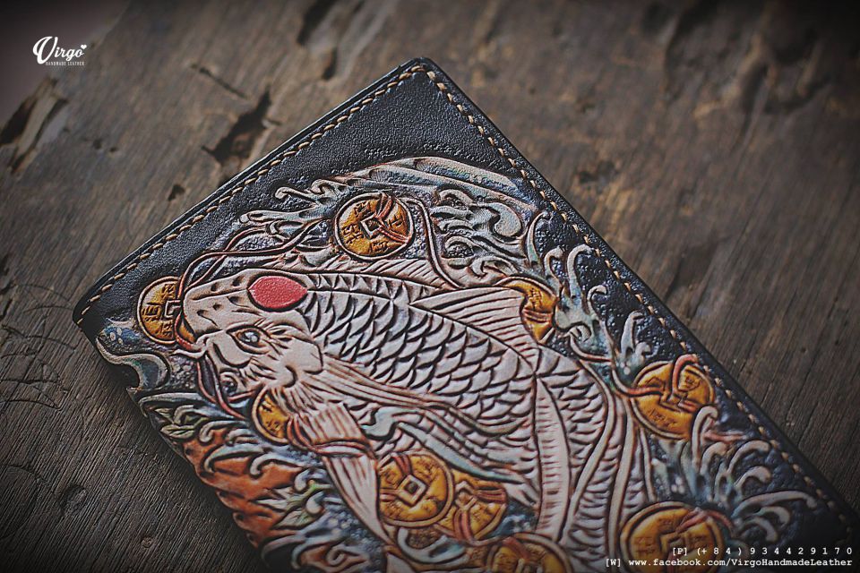 Koi Fish and Coin Men Carving Wallet
