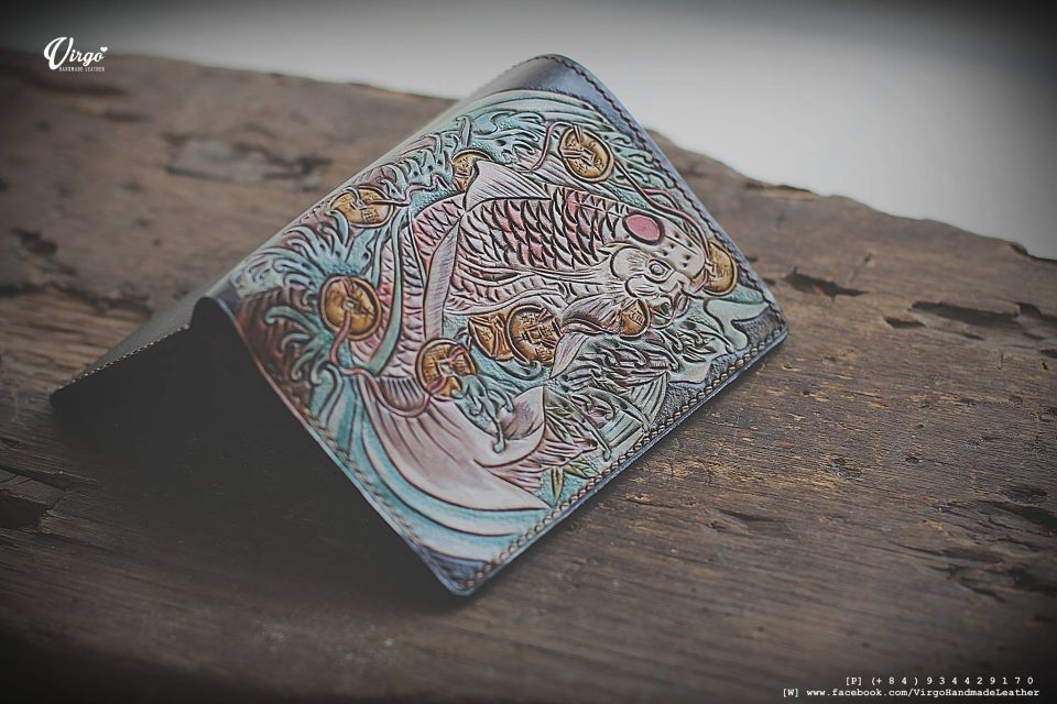 Koi Fish and Coin Bifold Men Carving Wallet 2