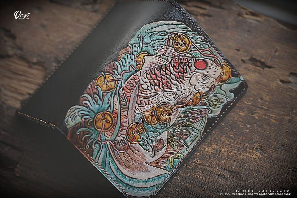 Koi Fish and Coin Bifold Men Carving Wallet 2