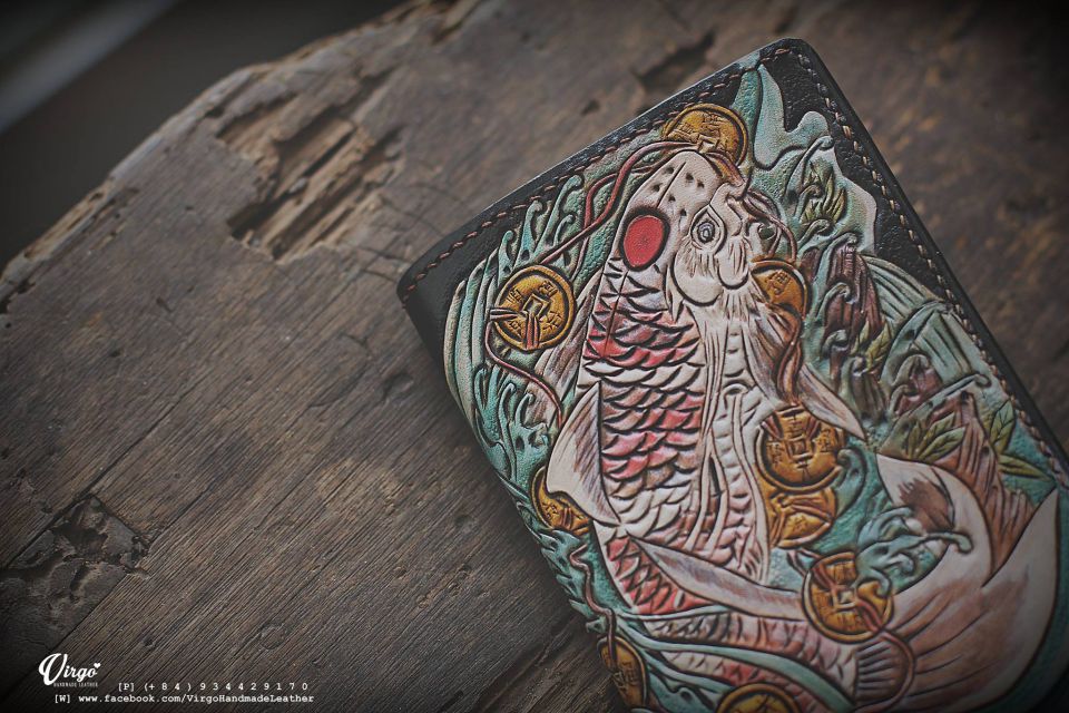 Koi Fish and Coin Bifold Men Carving Wallet 2