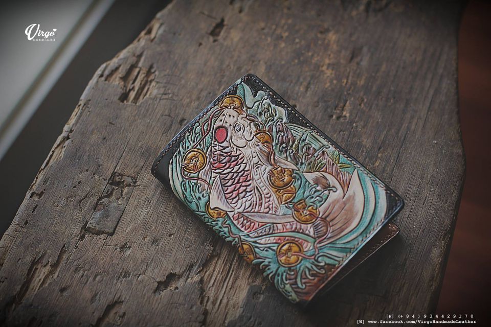 Koi Fish and Coin Bifold Men Carving Wallet 2