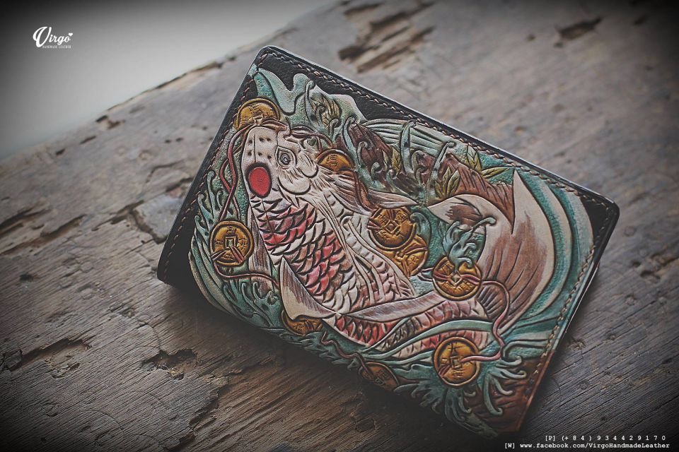 Koi Fish and Coin Bifold Men Carving Wallet 2