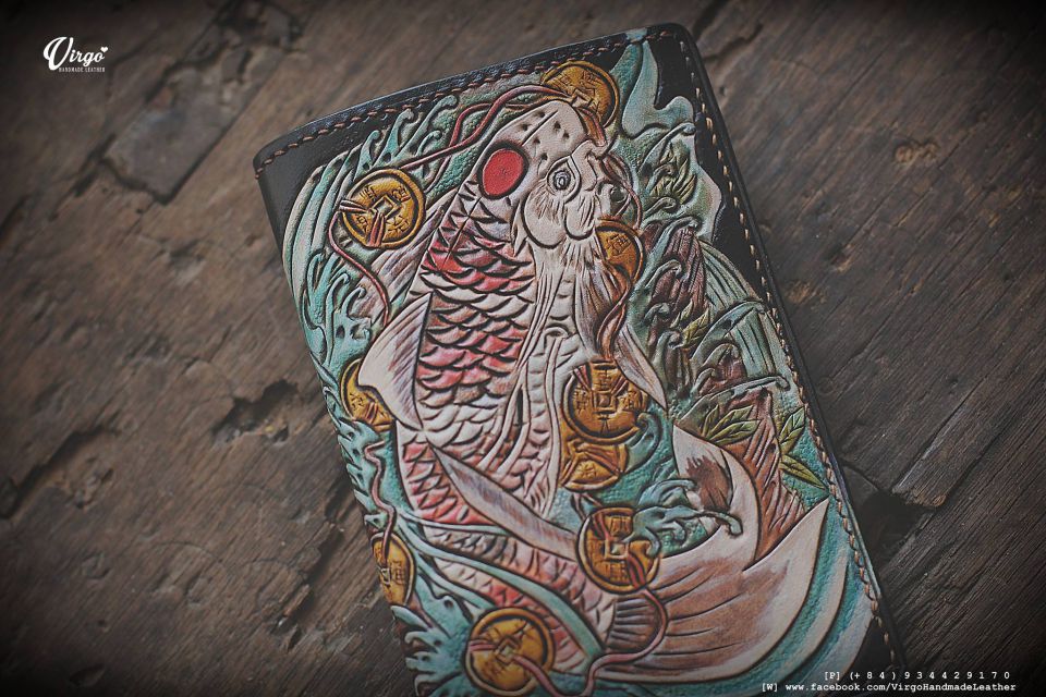 Koi Fish and Coin Bifold Men Carving Wallet 2