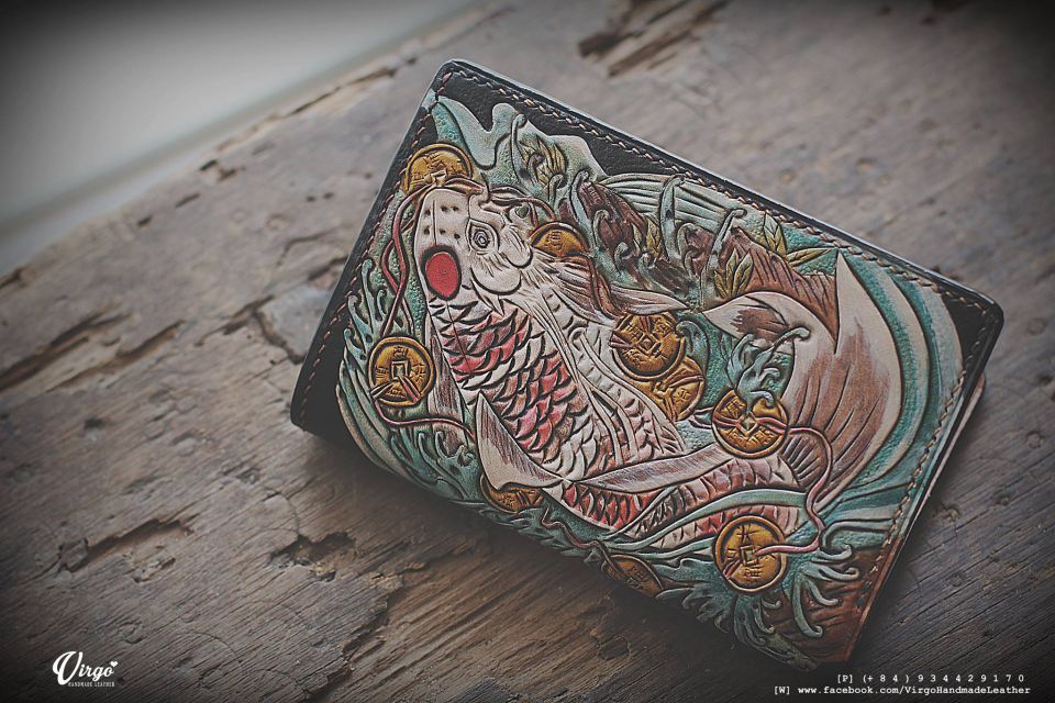 Koi Fish and Coin Bifold Men Carving Wallet 2