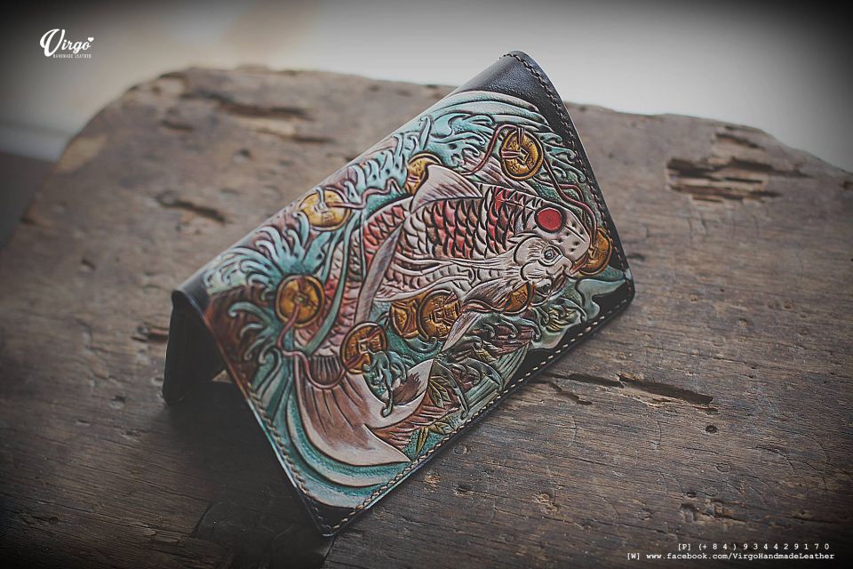 Koi Fish and Coin Bifold Men Carving Wallet 2