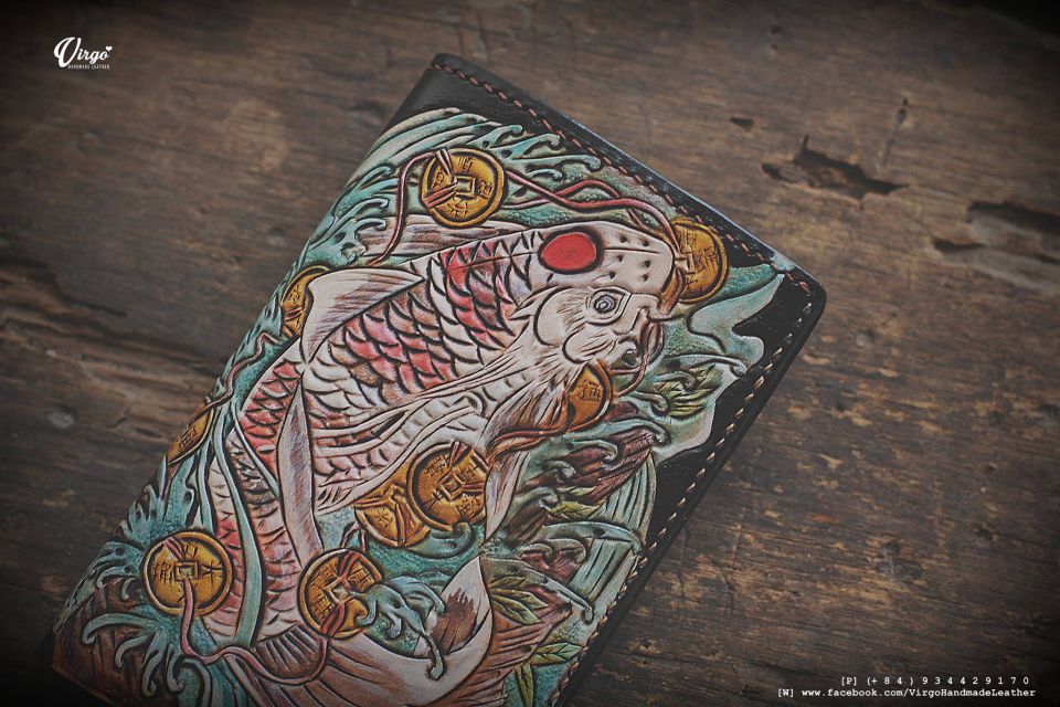 Koi Fish and Coin Bifold Men Carving Wallet 2