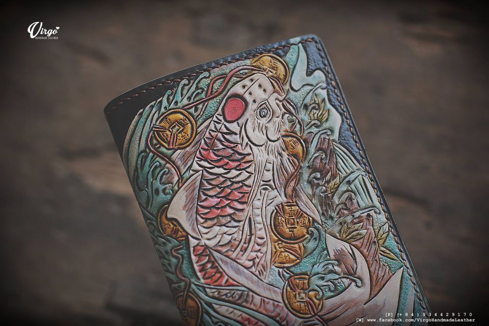 Koi Fish and Coin Bifold Men Carving Wallet 2