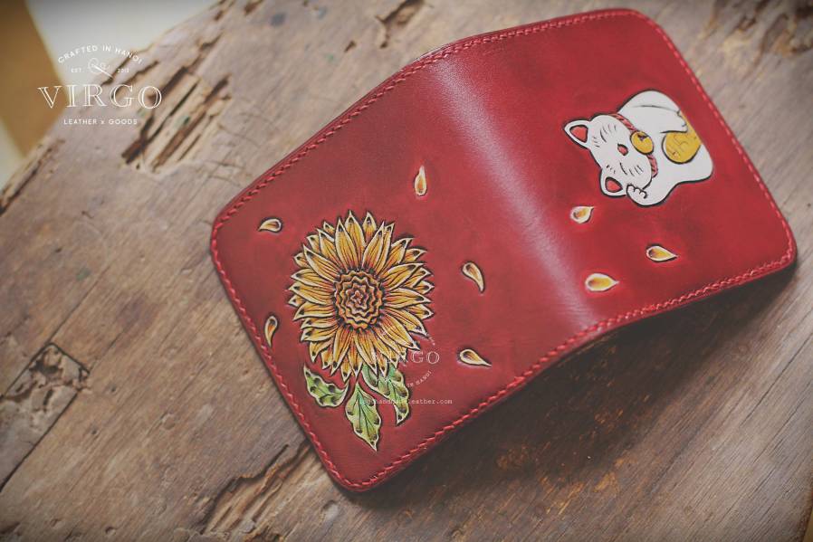 Maneki Neko Sunflower Carving Small Wallet
