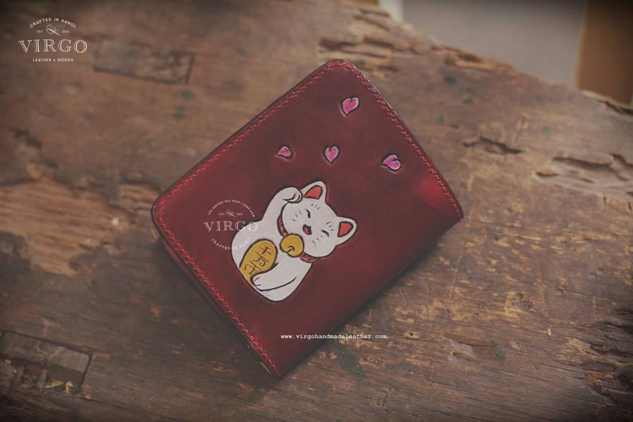 Maneki Neko Lucky Clover Carving Small Wallet
