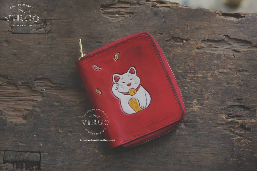 Maneki Neko Sunflower Hand Carved Small Zip Wallet