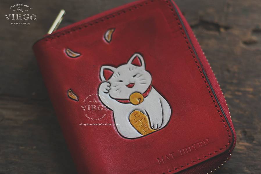 Maneki Neko Sunflower Hand Carved Small Zip Wallet