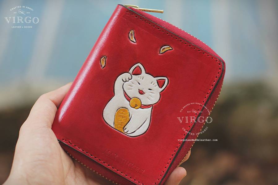 Maneki Neko Sunflower Hand Carved Small Zip Wallet
