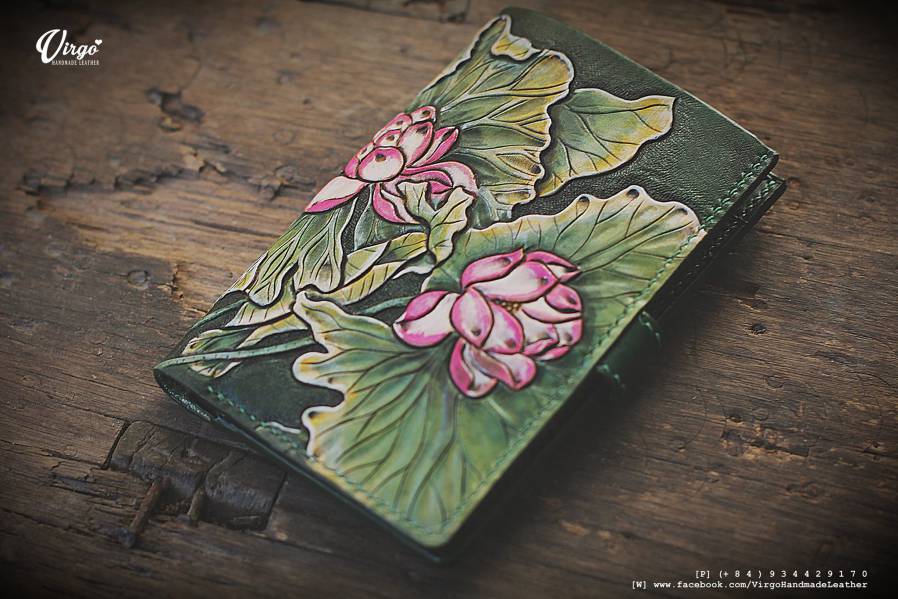 Pink Lotus Hand Carved Long Wallet