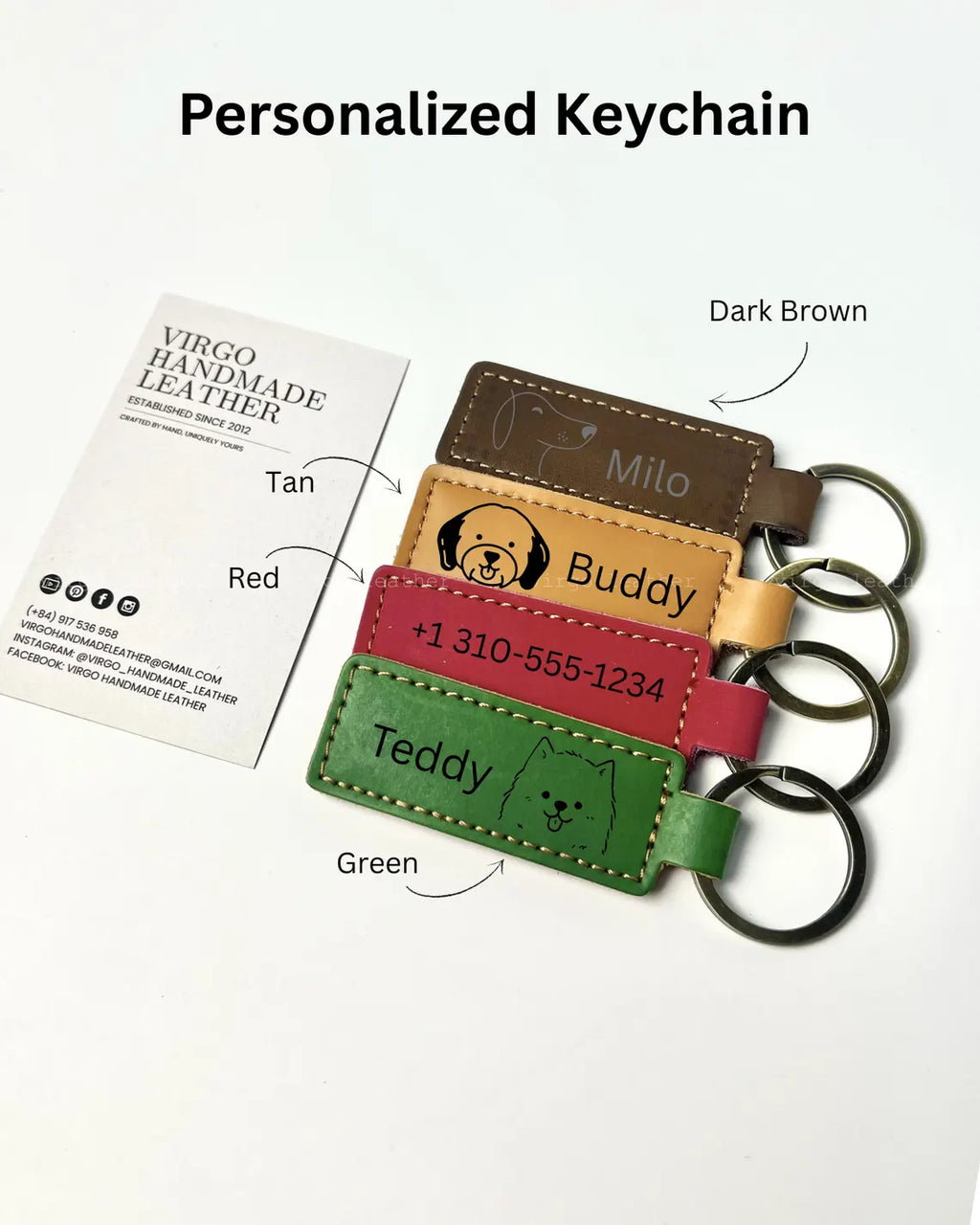 Personalized Leather Keychain, Custom Dog Portrait Keyring