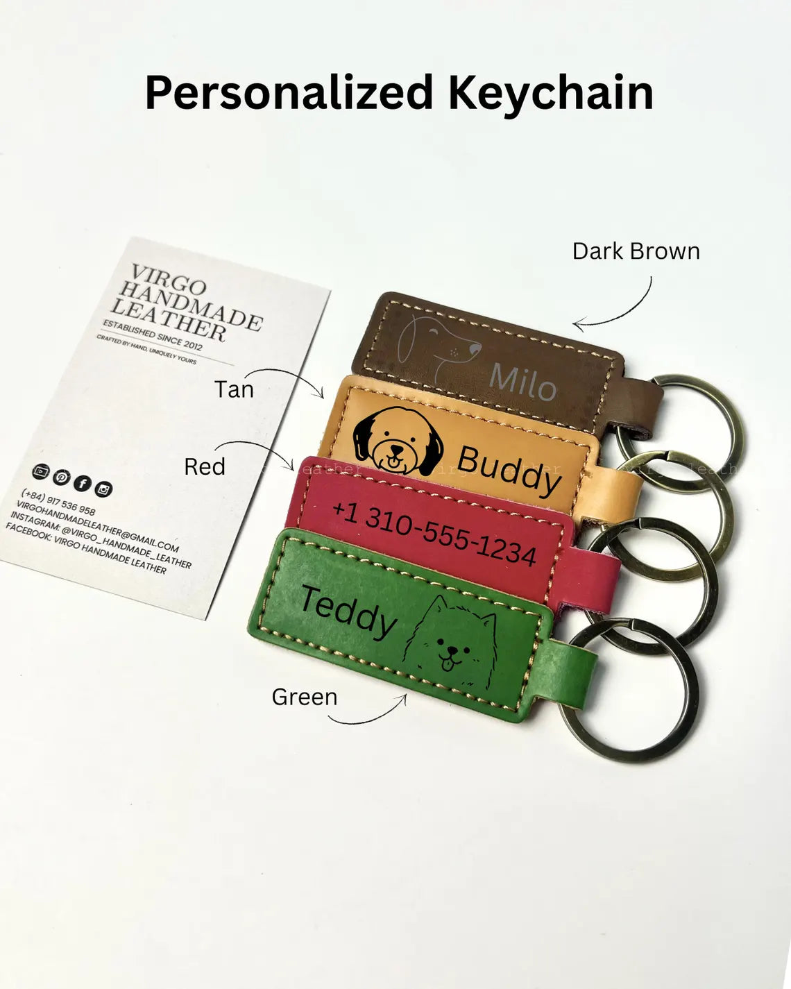 Personalized Leather Keychain, Custom Dog Portrait Keyring