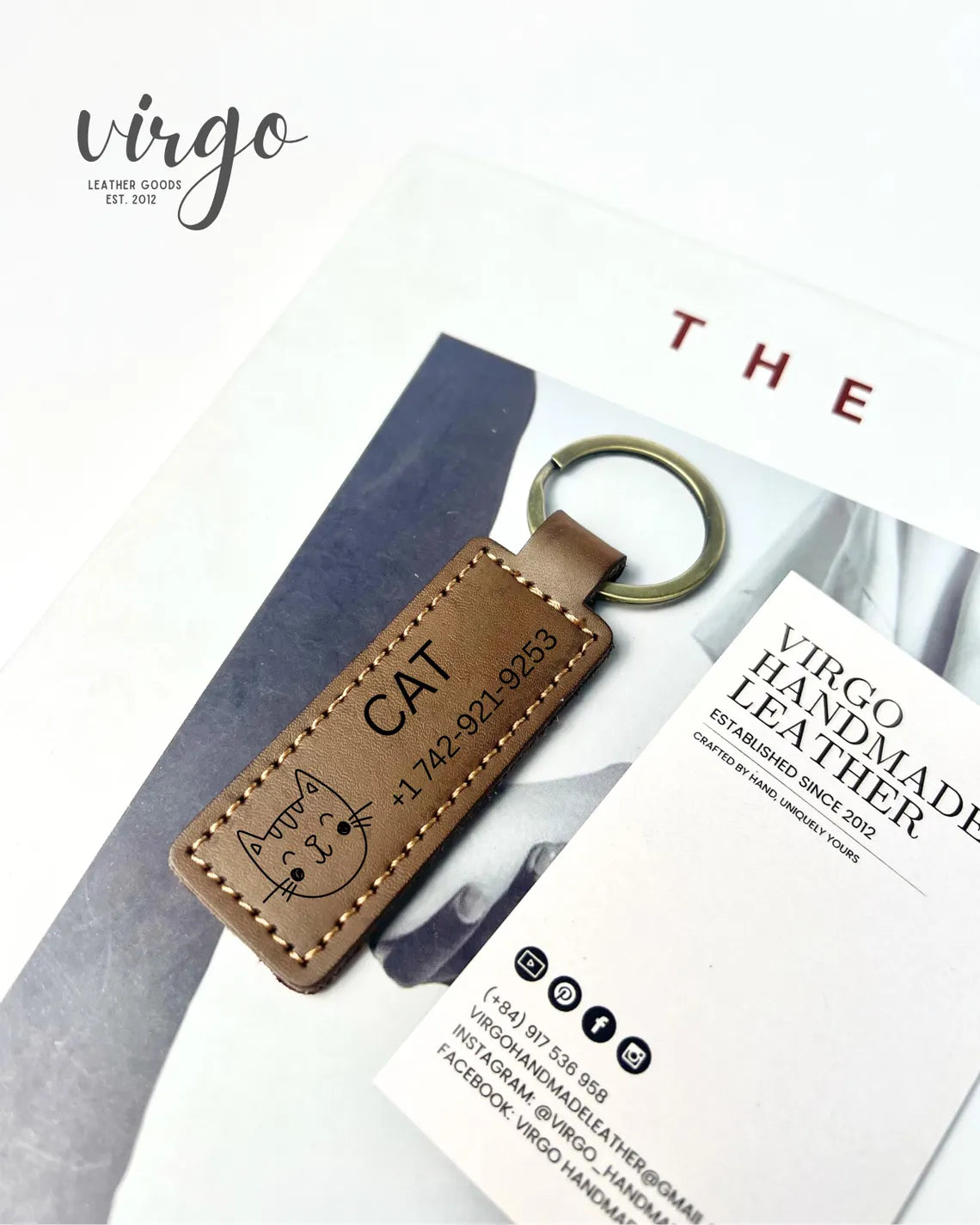 Personalized Leather Keychain, Custom Dog Portrait Keyring