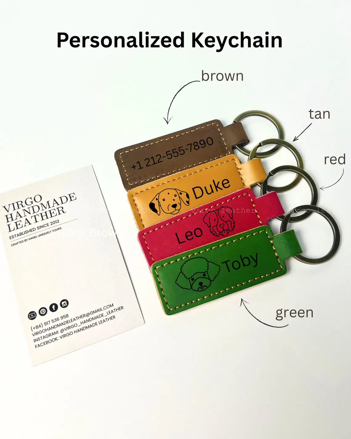 Personalized Leather Keychain, Custom Dog Portrait Keyring