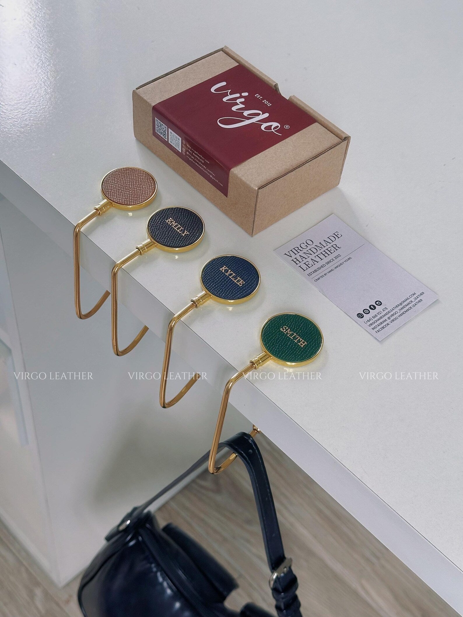 Personalized Gold Leather Bag Hook Holder, Unique Genuine Hook Holder, Purse Hook Holder