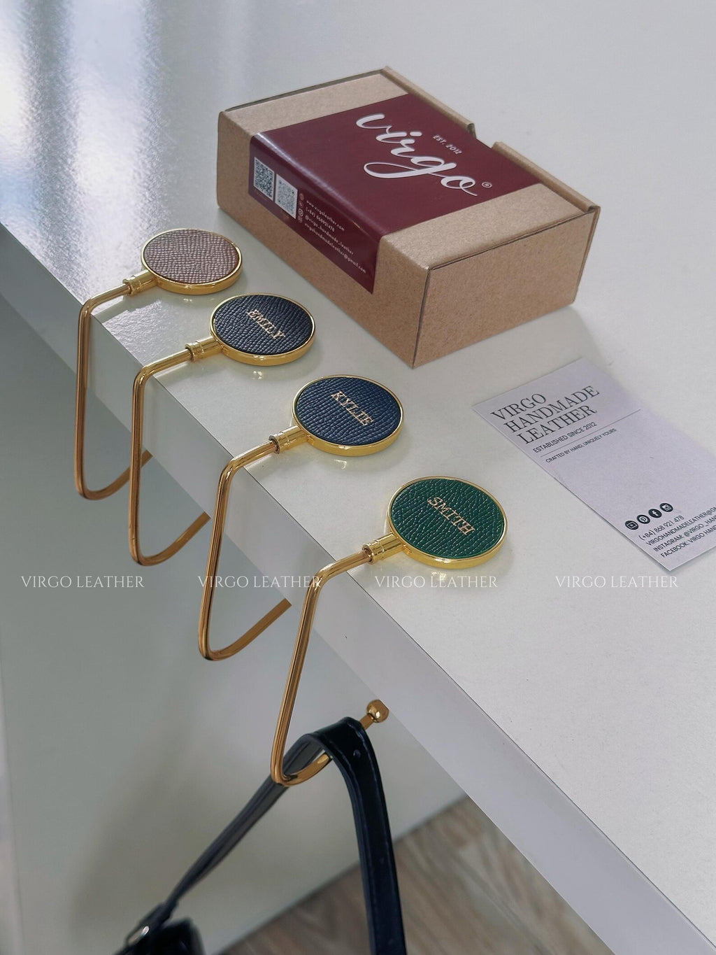 Personalized Gold Leather Bag Hook Holder, Unique Genuine Hook Holder, Purse Hook Holder