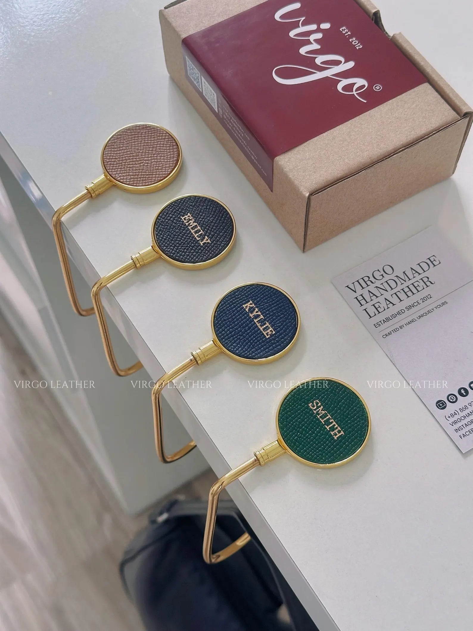 Personalized Gold Leather Bag Hook Holder, Unique Genuine Hook Holder, Purse Hook Holder