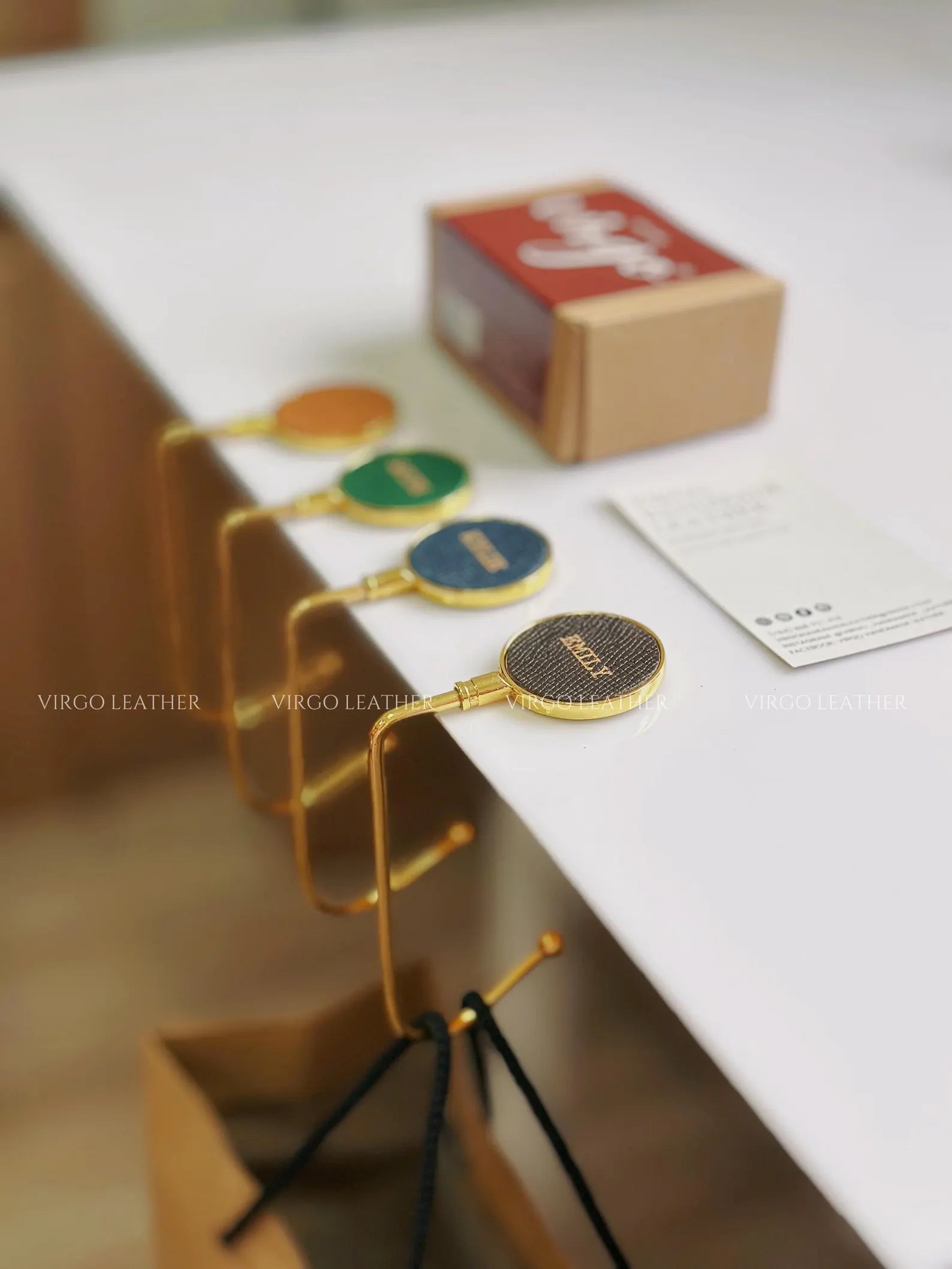 Personalized Gold Leather Bag Hook Holder, Unique Genuine Hook Holder, Purse Hook Holder