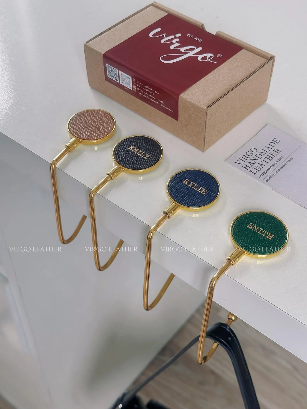 Personalized Gold Leather Bag Hook Holder, Unique Genuine Hook Holder, Purse Hook Holder