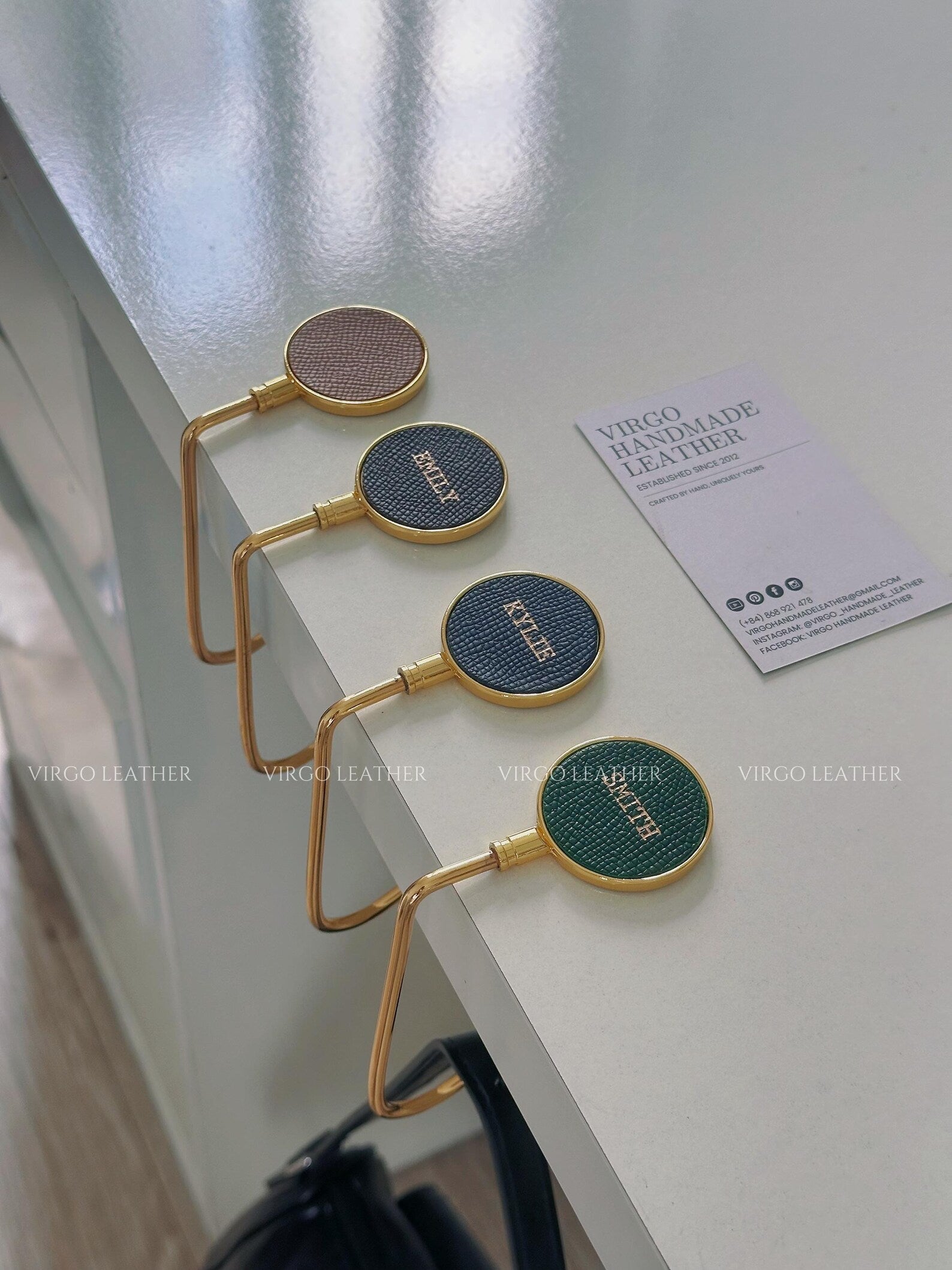 Personalized Gold Leather Bag Hook Holder, Unique Genuine Hook Holder, Purse Hook Holder