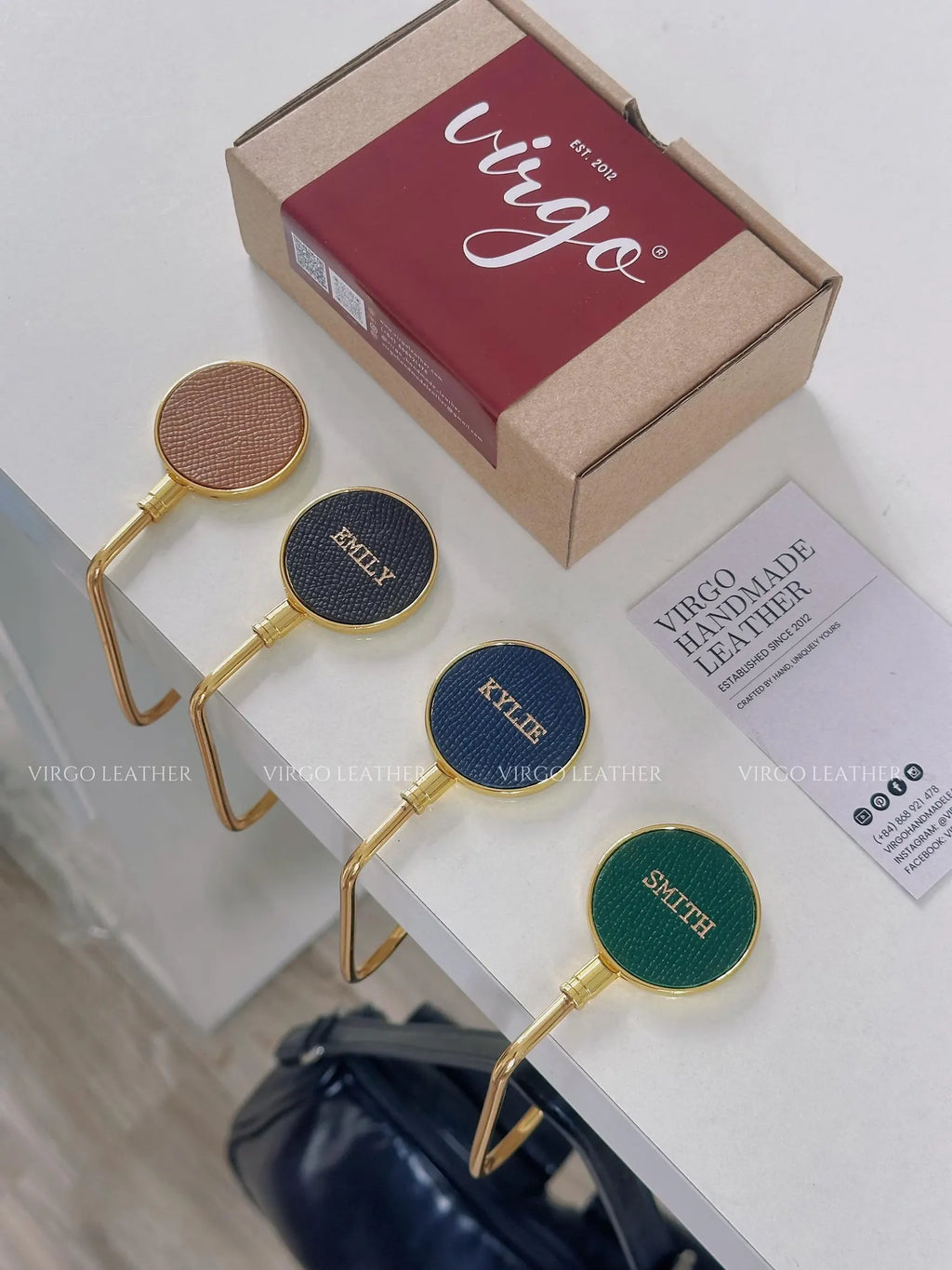 Personalized Gold Leather Bag Hook Holder, Unique Genuine Hook Holder, Purse Hook Holder