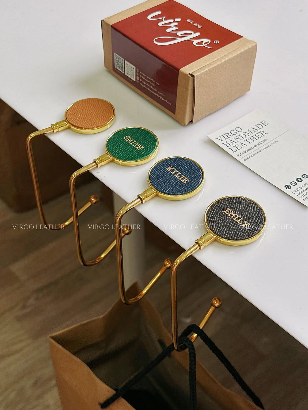 Personalized Gold Leather Bag Hook Holder, Unique Genuine Hook Holder, Purse Hook Holder