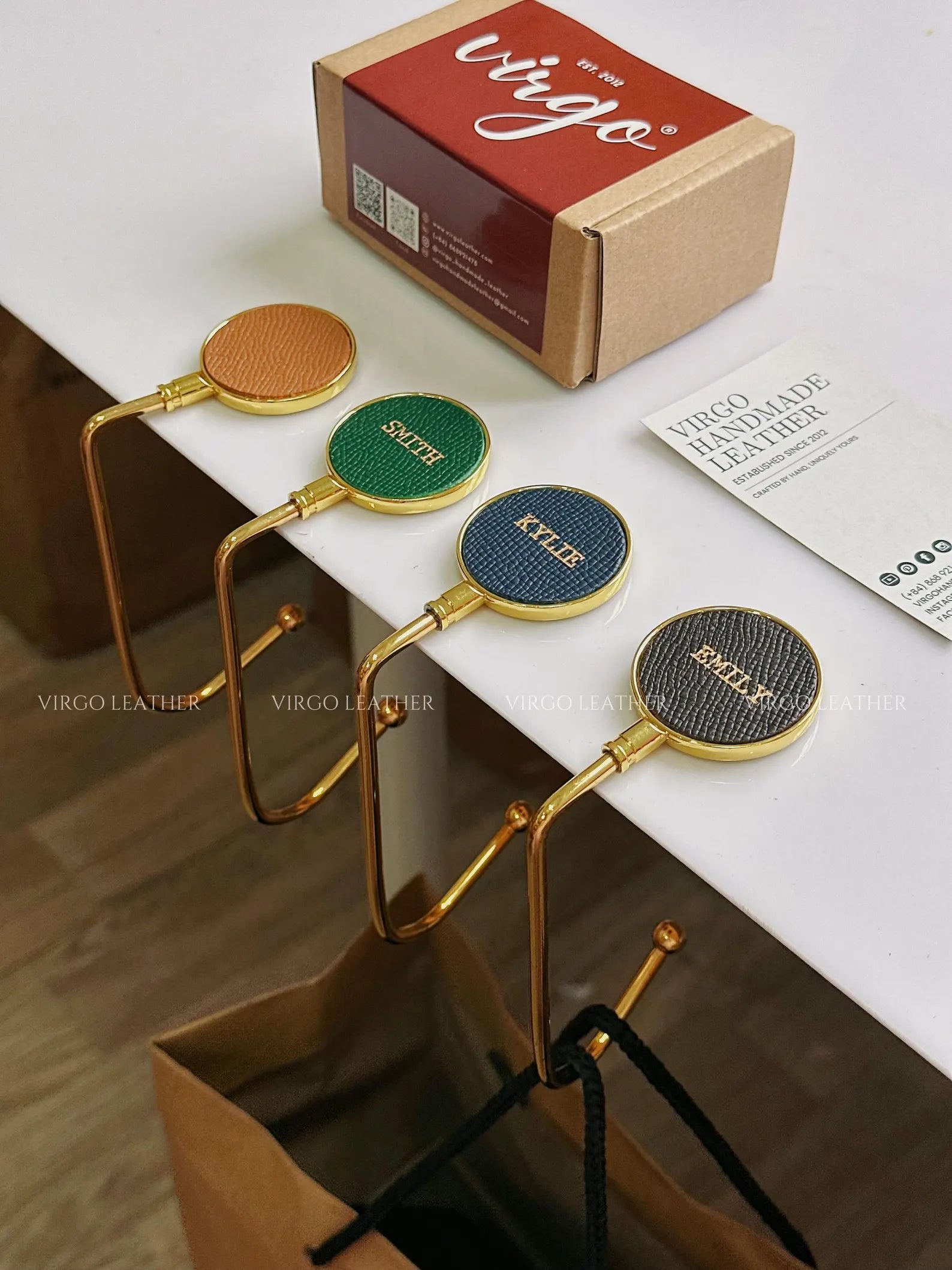 Personalized Gold Leather Bag Hook Holder, Unique Genuine Hook Holder, Purse Hook Holder