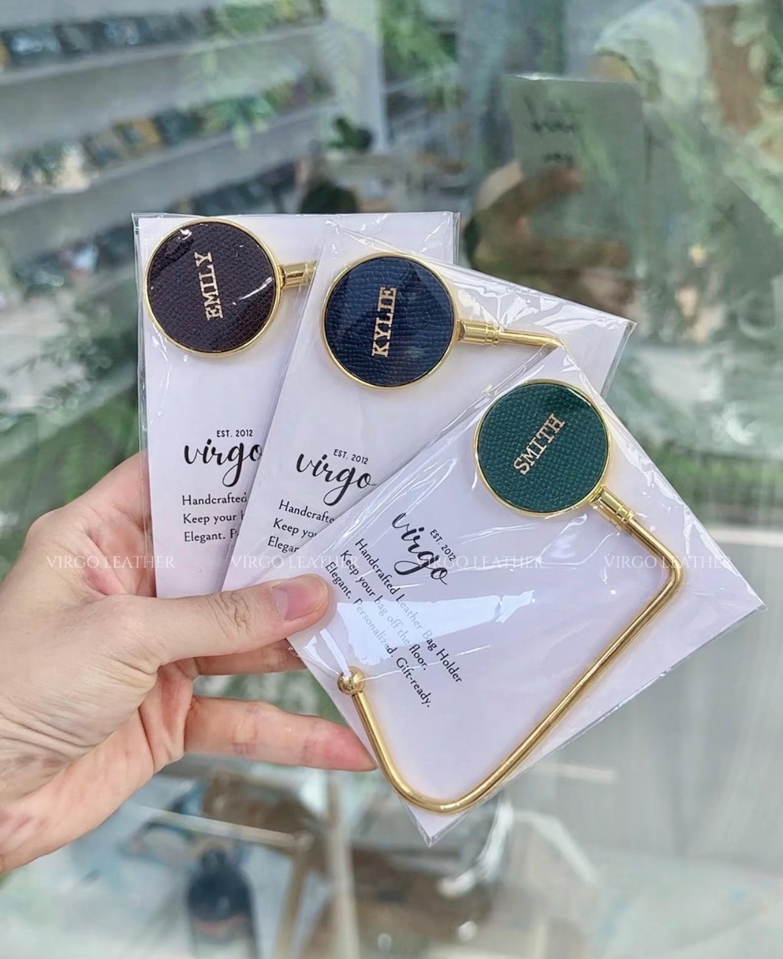 Personalized Gold Leather Bag Hook Holder, Unique Genuine Hook Holder, Purse Hook Holder